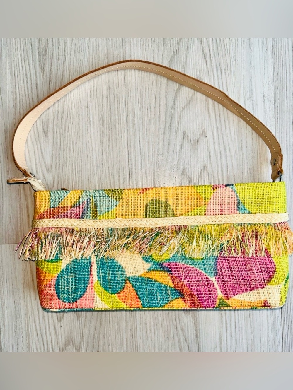 Echo Woven Raffia Fringe Handbag Vintage Colorful Leaf-Print